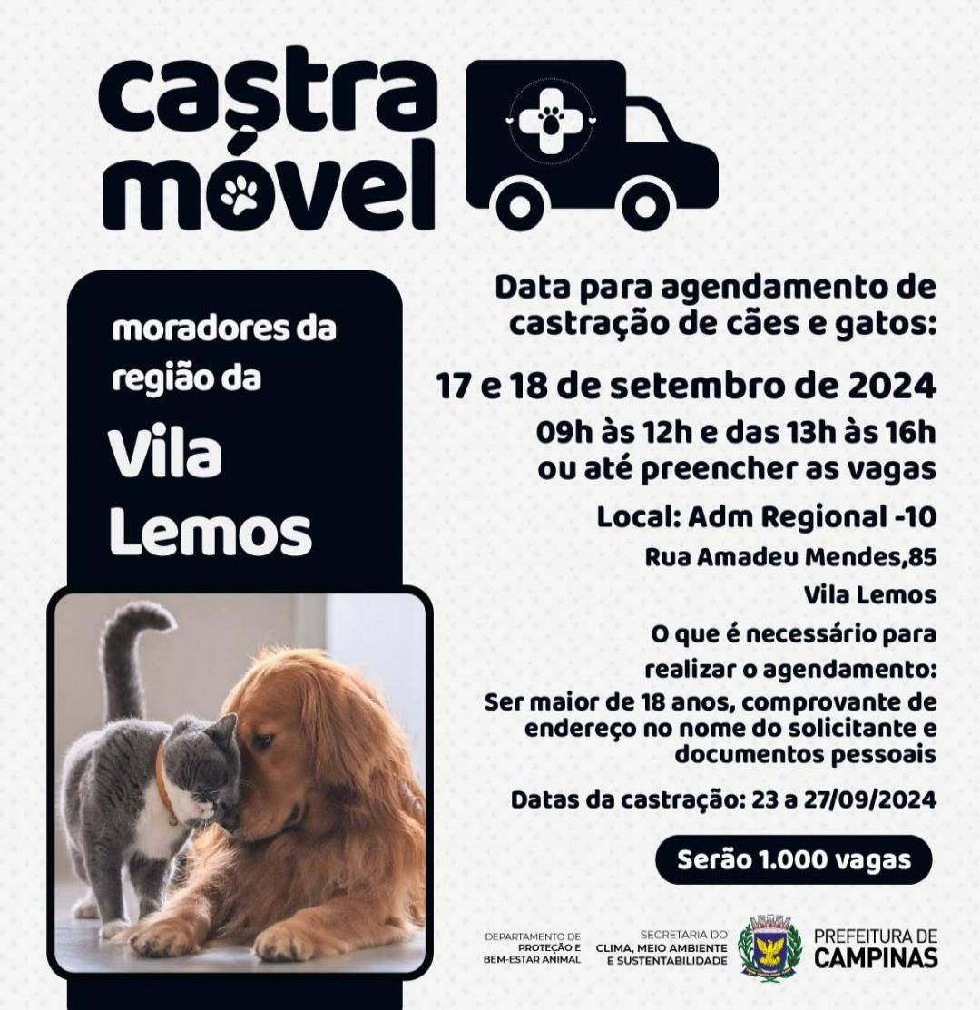 Aberto agendamento para castração de cães e gatos na região do Vila Lemos